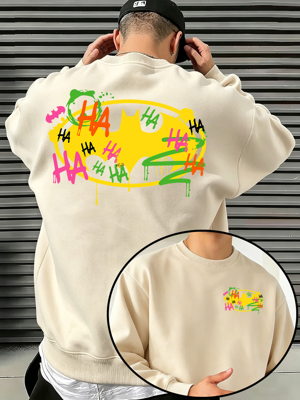 Official Warner Bros. Men's Fashion Trend Loose Fit Crew Neck Sweatshirt, Batman Joker HA Graffiti Ink Splatter Bat Logo Print Design, Versatile Long Sleeve Crew Neck Sweatshirt for Sports, Leisure, Commuting, Spring, Autumn, and Winter - Apricot
