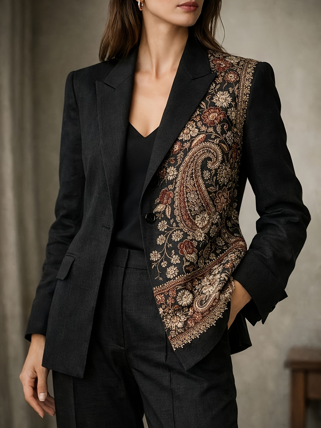 Women'S Vintage Paisley Print Blazer, Elegant Single-Button Closure, Asymmetrical Pattern, Suitable for Office And Party Wear YYTT - Black