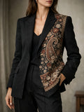 Women'S Vintage Paisley Print Blazer, Elegant Single-Button Closure, Asymmetrical Pattern, Suitable for Office And Party Wear YYTT - Black