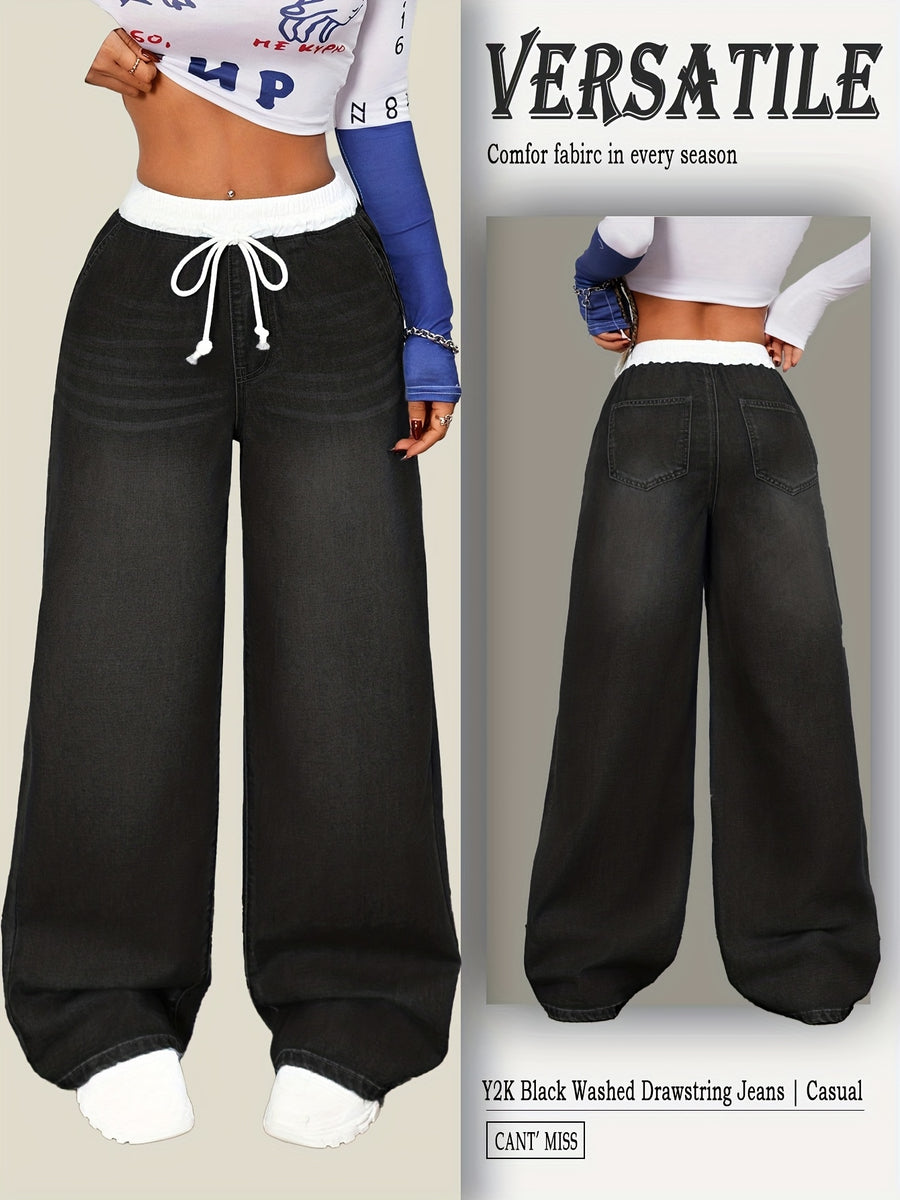 2026SS Women's Y2K Vintage Jeans Drawstring Loose Fit Casual Denim Pants - Black