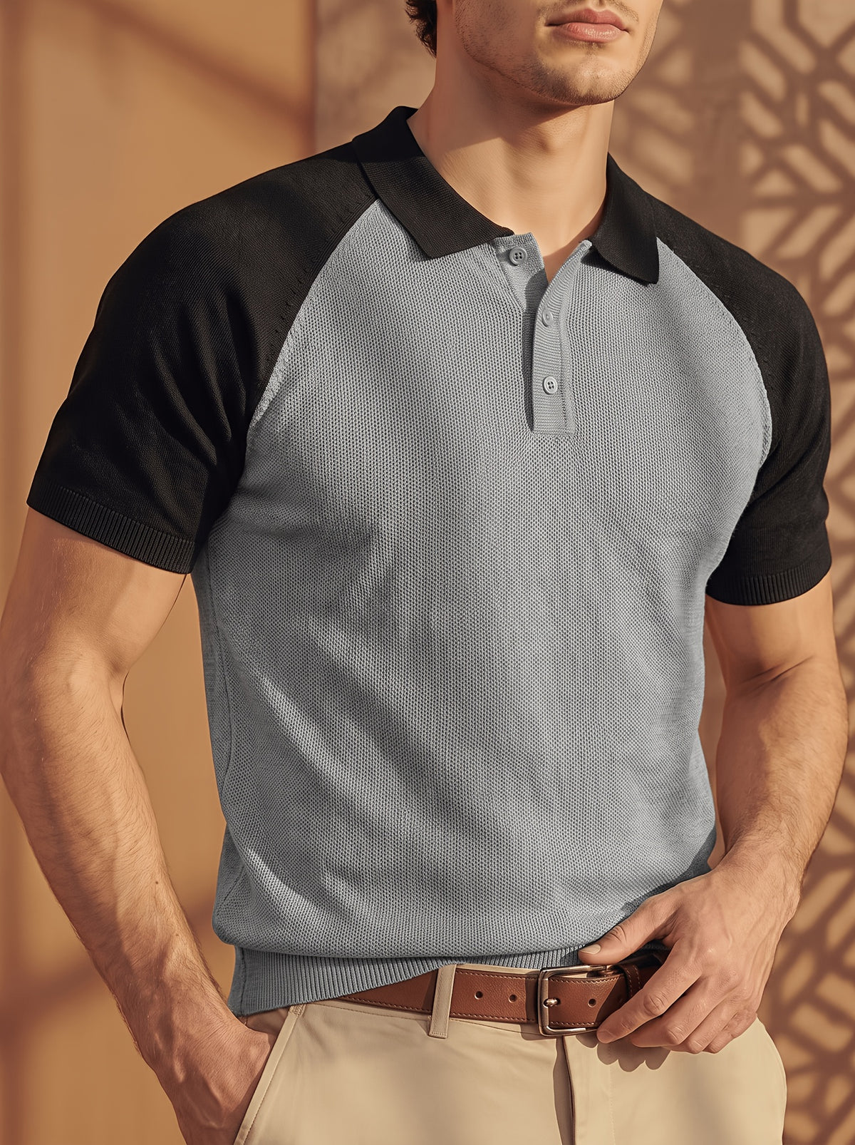 Men'S Color-Block Knit Polo Shirt, Summer Off-Shoulder Short Sleeve Top, Casual Versatile Breathable Base Layer, Light Mature Style Men'S POLO Sweater - Grey