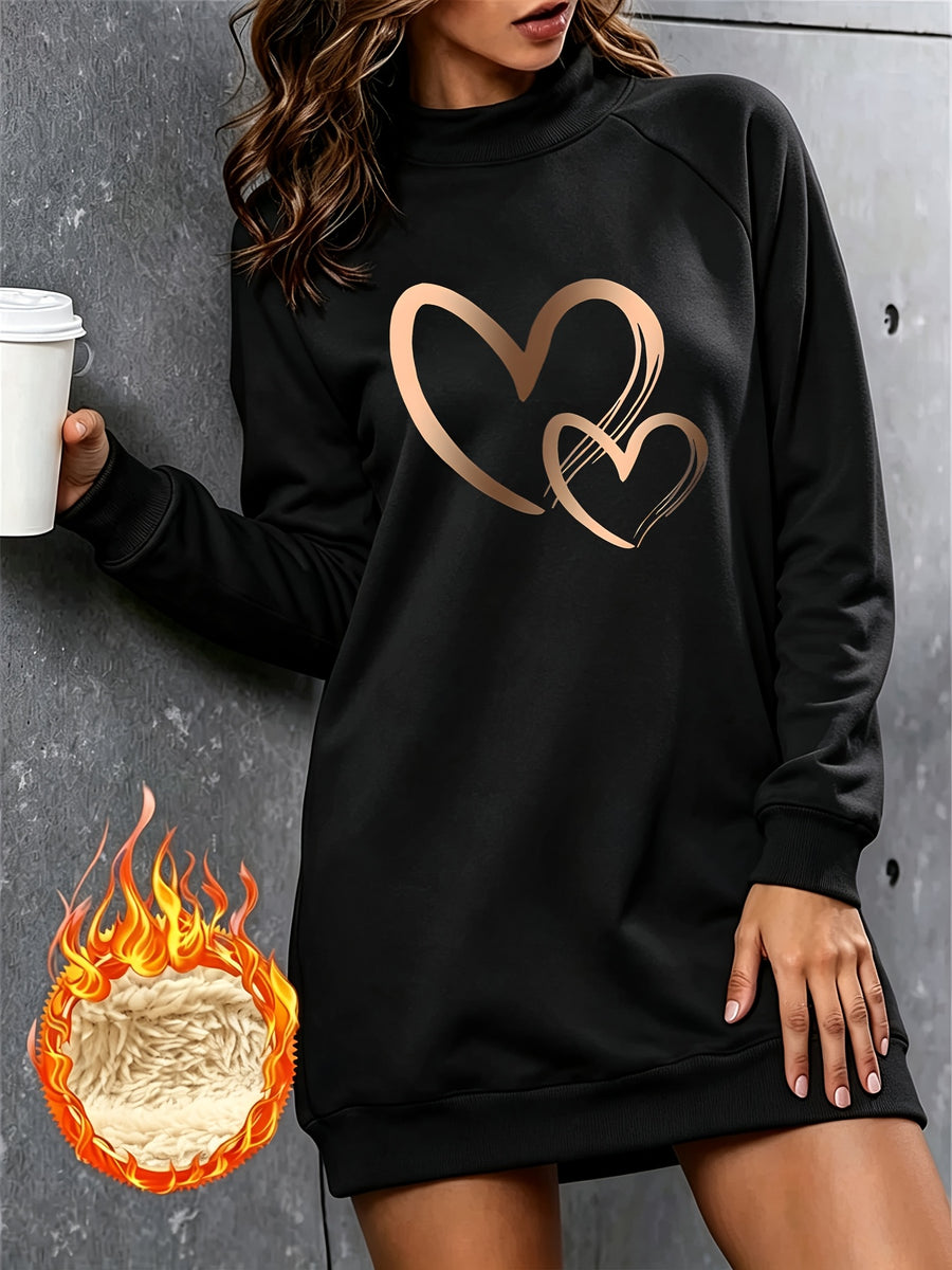 Golden Double Heart Easy Print Mid-High Neck Long Sweatshirt Women'S Autumn Winter Fleece Thick Loose Sweat Dress - Black