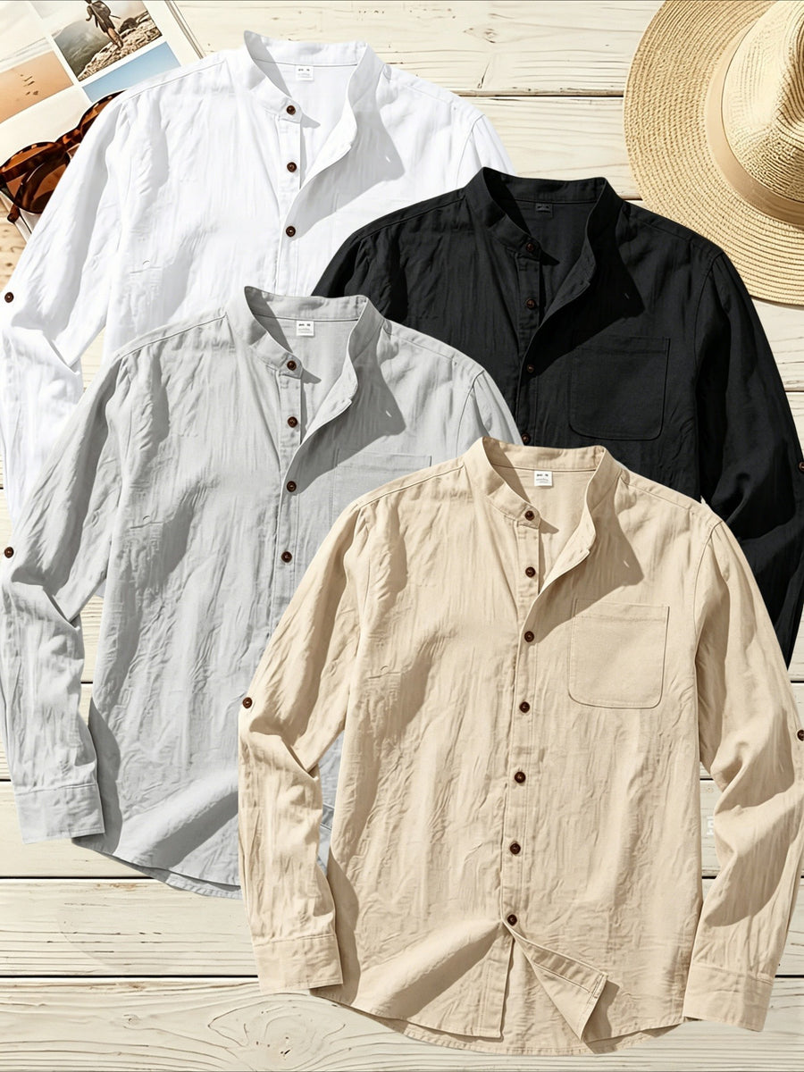4pcs Men'S Stand Collar Linen Blend Long Sleeve Shirt, Beach Vacation Casual Commute Wear, Breathable Lightweight Relaxed Style Spring Summer Autumn Loose Straight Cut with Roll-Up Cuffs And Chest Pocket, Multi-Color Available - Black+White+Gray+Khaki