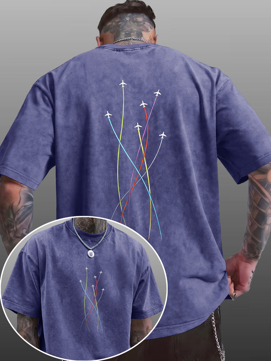 Men's Short-Sleeve T-Shirt, Pure Cotton Loose Fit Half-Sleeve Top, Washed Distressed Colorful Airplane Route Lines, Trendy Reversible Double-Sided Print, Multiple Colors for Mix & Match, American Streetwear Hip-Hop High Street Style, for Daily - Royal Blue