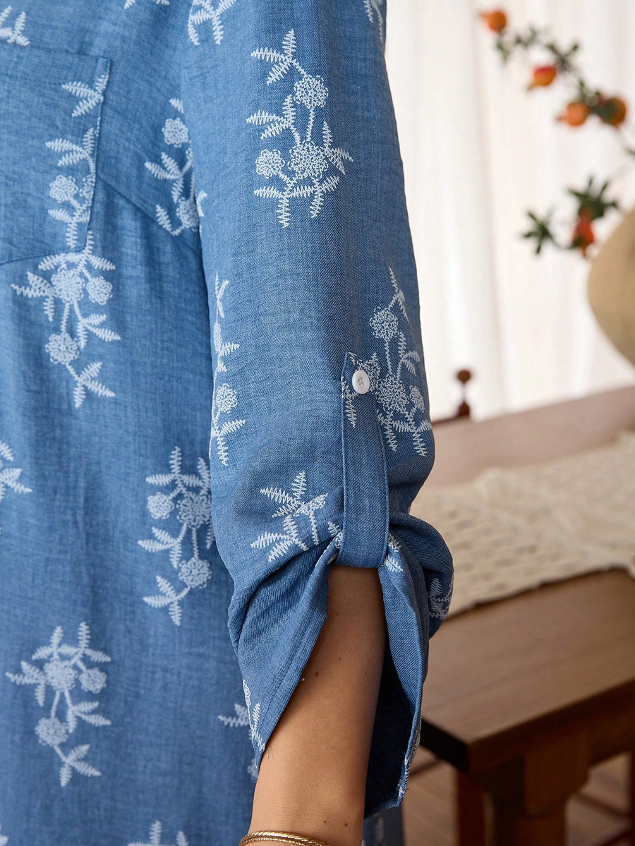 Plus Size - Women'S Autumn Winter Floral Print Long Dress, Small Stand Collar Half-Button Sleeve Ruffled Loose Maxi Skirt - Blue