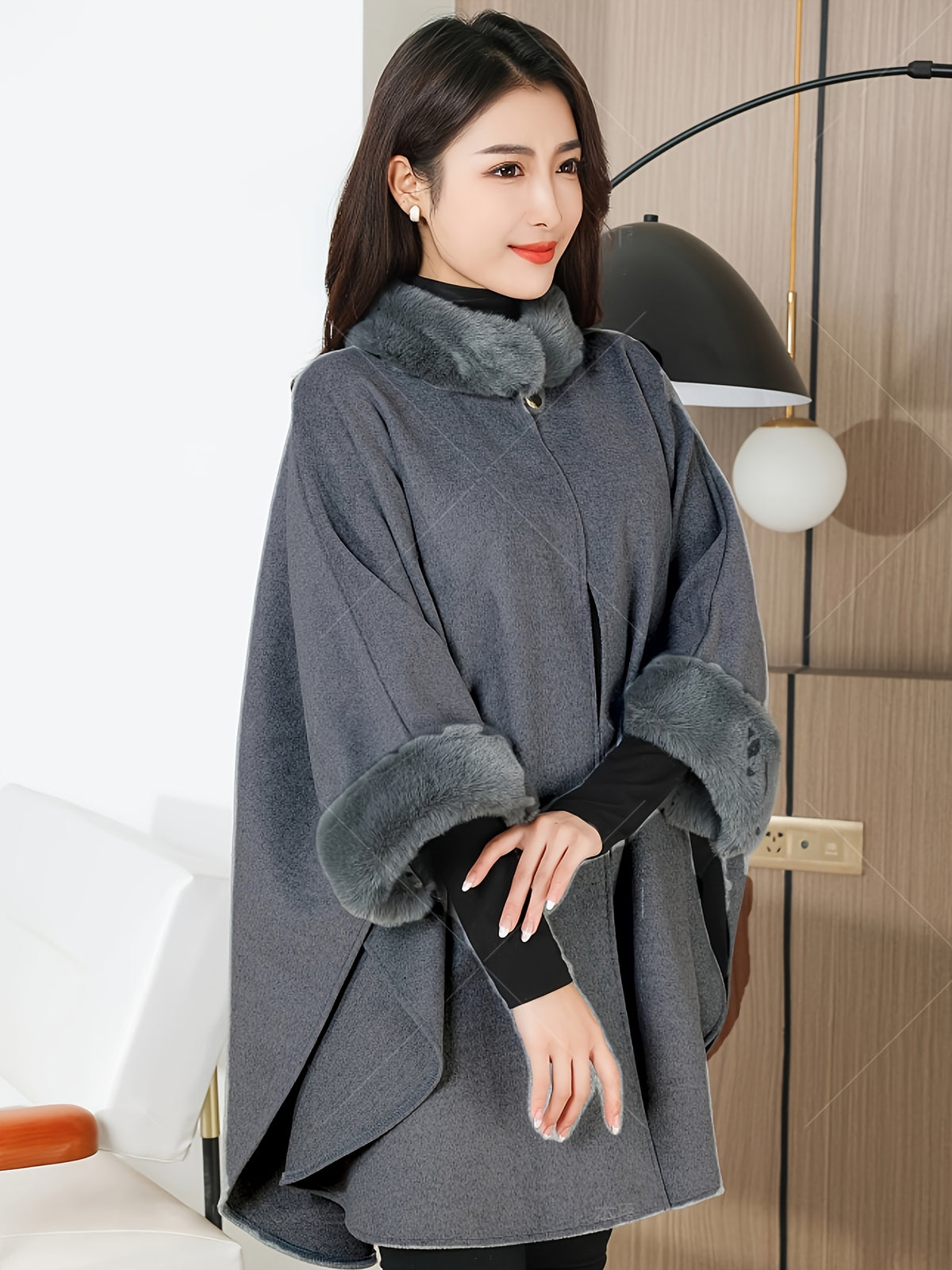 Ladies' Fashionable, Elegant, Warm, Large Cape Coat, Comfortable, Casual, High-End Cloak - Space Gray