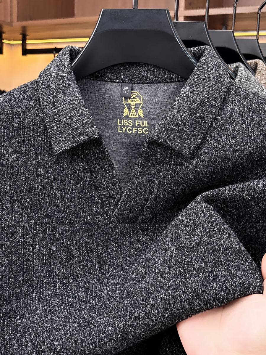 Autumn New Style Long Sleeve Polo Shirt Lapel No Button V-Neck Design Vertical Stripes Ribbed Knit Thick Long Sleeve Solid Color Basic Fit Outdoor Casual Commuter Men'S Clothing Quality Casual Top Business Office - Deep Grey