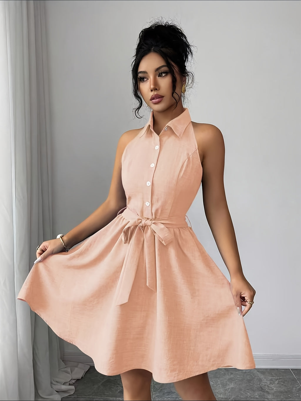Elegant, Exquisite And Fashionable Lapel Sleeveless Dress - Pale Pinkish Gray