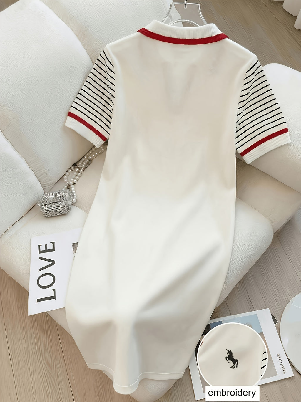 Women'S Color-blocked Ribbed Collar Embroidered Pattern Dress - White