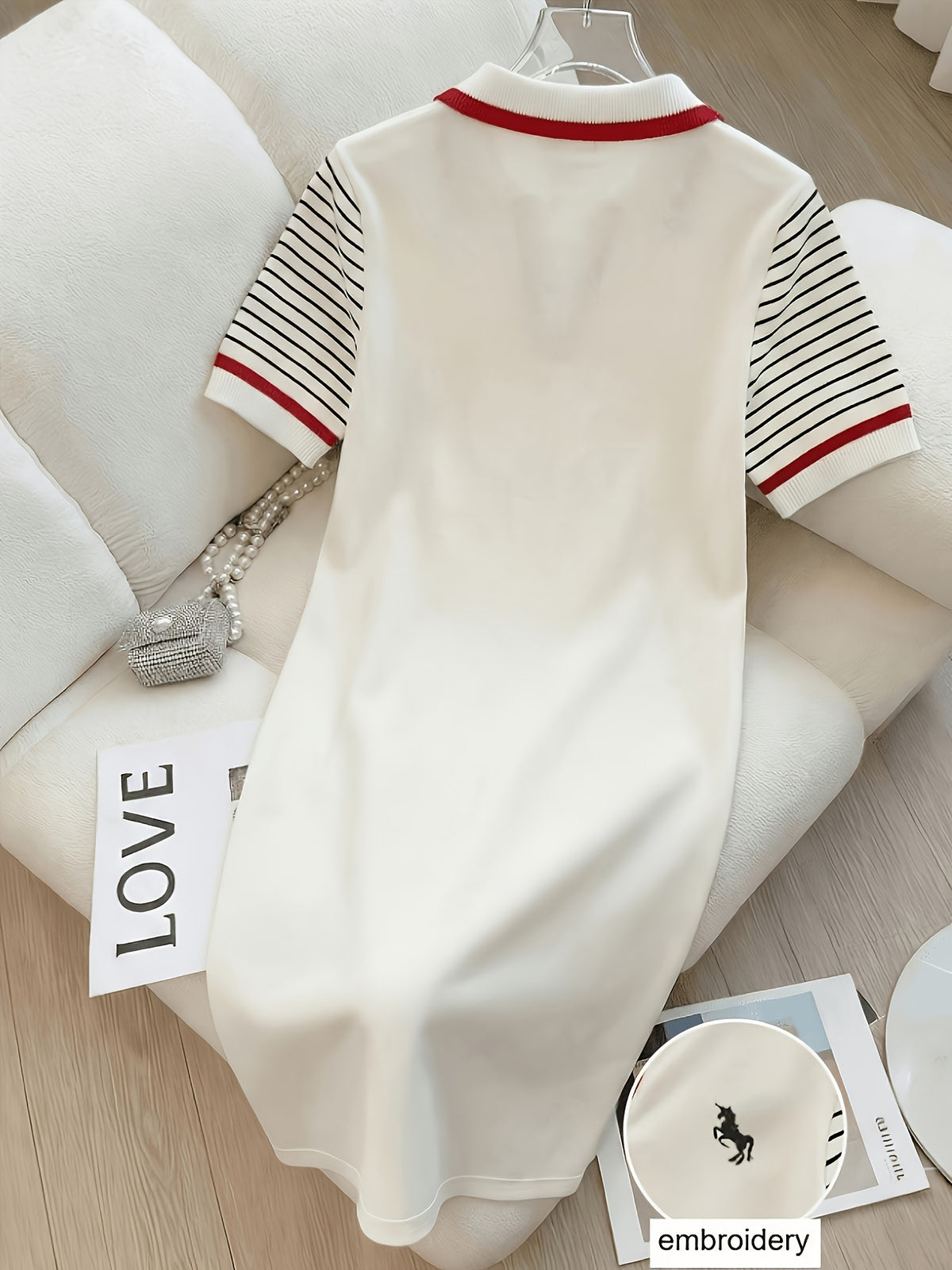 Women'S Color-blocked Ribbed Collar Embroidered Pattern Dress - White