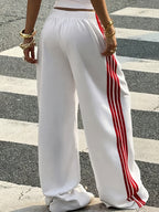 Popular Women's Casual Sporty Printed Long Pants, Side Stripe Comfortable Soft Versatile Straight-Leg Casual Trousers - White