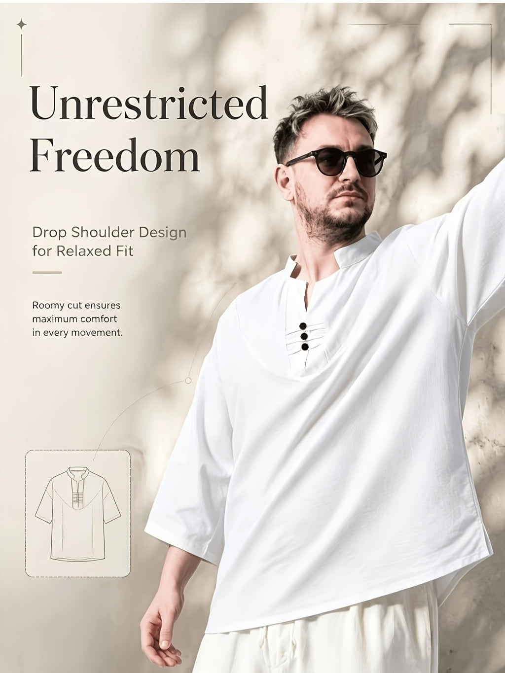 2pcs/Men'S Casual Shirts, New Linen V-Neck Casual Pullover Shirts for Daily Casual Wear, Solid Color 3/4 Sleeve Design, Suitable for Spring, Summer, And Autumn, Quick-Dry Non-Stretch Fabric, Loose Fit, Perfect Gift! - White