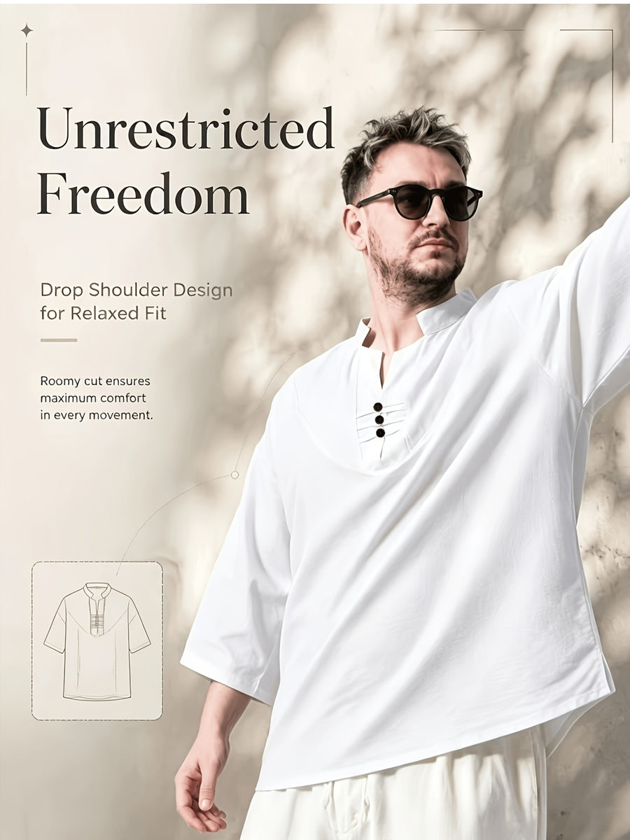 2pcs/Men'S Casual Shirts, New Linen V-Neck Casual Pullover Shirts for Daily Casual Wear, Solid Color 3/4 Sleeve Design, Suitable for Spring, Summer, And Autumn, Quick-Dry Non-Stretch Fabric, Loose Fit, Perfect Gift! - White