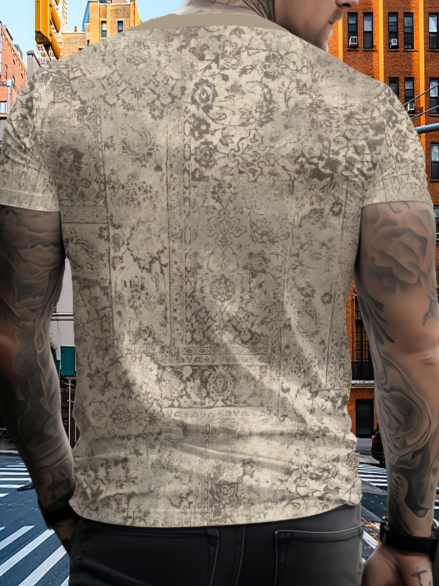 Men's Bohemian Short-Sleeve T-Shirt Suitable for All-Season Wear, Full-Body Print Round Neck Casual Top, Comfortable Beach Vacation Shirt for Outdoor Activities & Daily Wear, Machine Washable Style Gift for Men (Regular Fit) - Mixed colors