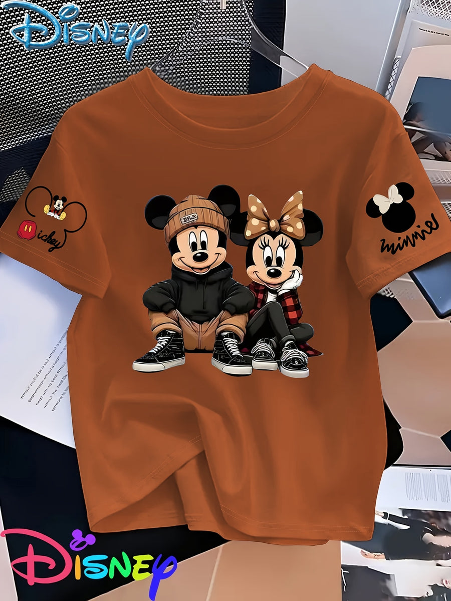 Mickey And Minnie Are Sitting Side by Side, with Mickey Hugging His Knees And Minnie Resting Her Chin on One Hand, Showcasing a Trendy Street Style Printed Short-Sleeve Women'S T-Shirt - Yellowish-brown