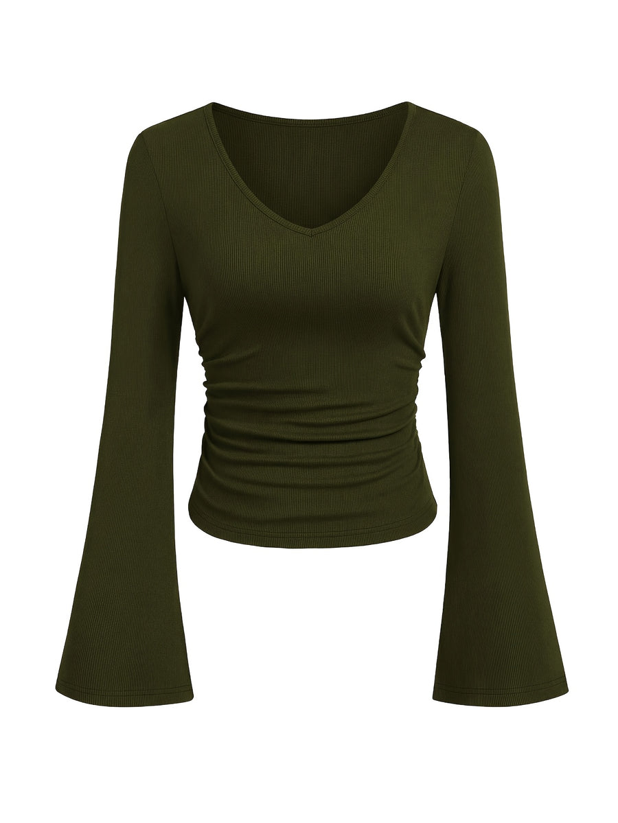Women'S Fashion Ribbed Top Slim Flared Sleeve Ruched Basic Style Comfortable V-Neck Long Sleeve Bodycon Top - Army Green + Beige + Black