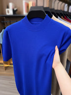 [Wading Whale OBM] 1pc Spring Summer New Men'S Knit Pullover Sweater, Old Money Style Textured Solid Color Short Sleeve T-Shirt, Casual Fashion Thin Breathable Ribbed Pullover Sweater Base Layer Top, Suitable for Spring And Summer Wear - Blue