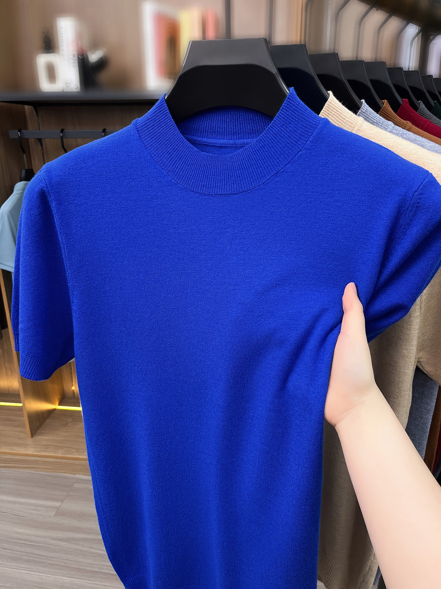 [Wading Whale OBM] 1pc Spring Summer New Men'S Knit Pullover Sweater, Old Money Style Textured Solid Color Short Sleeve T-Shirt, Casual Fashion Thin Breathable Ribbed Pullover Sweater Base Layer Top, Suitable for Spring And Summer Wear - Blue