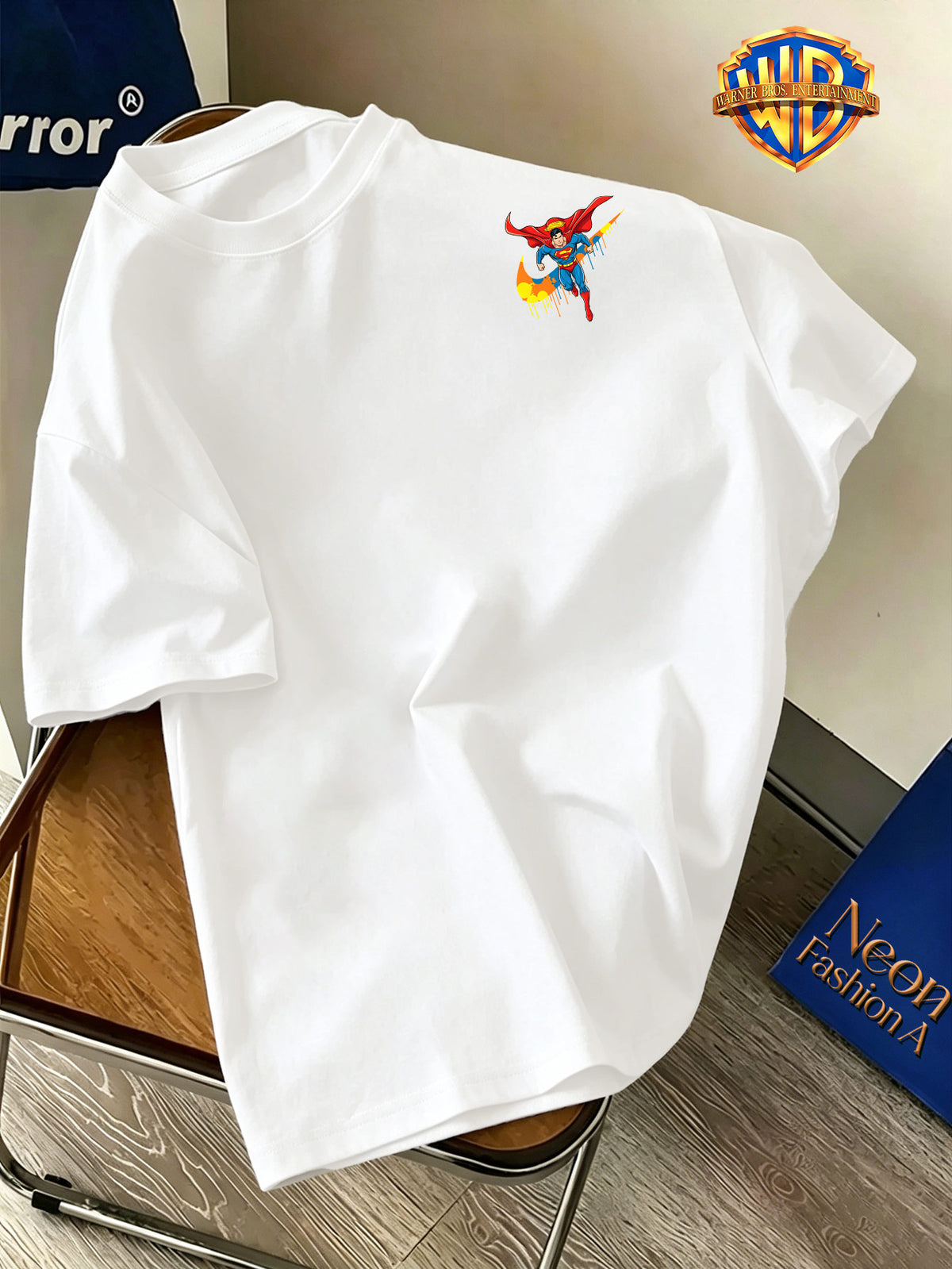 Back-To-School Season Warner Authorized, Men'S Casual T-Shirt, Soft Breathable Fabric Lightweight Short Sleeve, DC Genuine Superman Dynamic Flying Pose Colorful Resin Drop Trendy Print, Lightweight Comfortable Fit - White