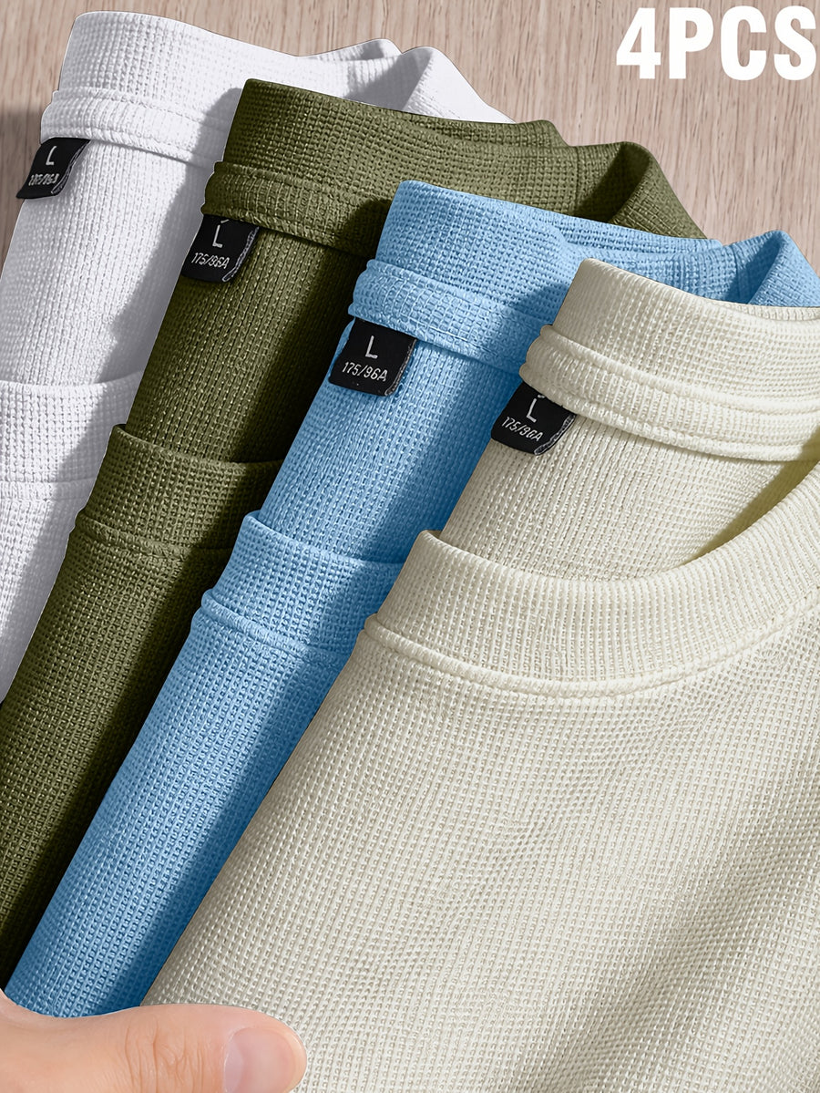 Versatile Summer Casual Small Waffle Grid Cool Short-Sleeved T-Shirt 4pcs Set - Apricot+Light Blue+Army Green+White