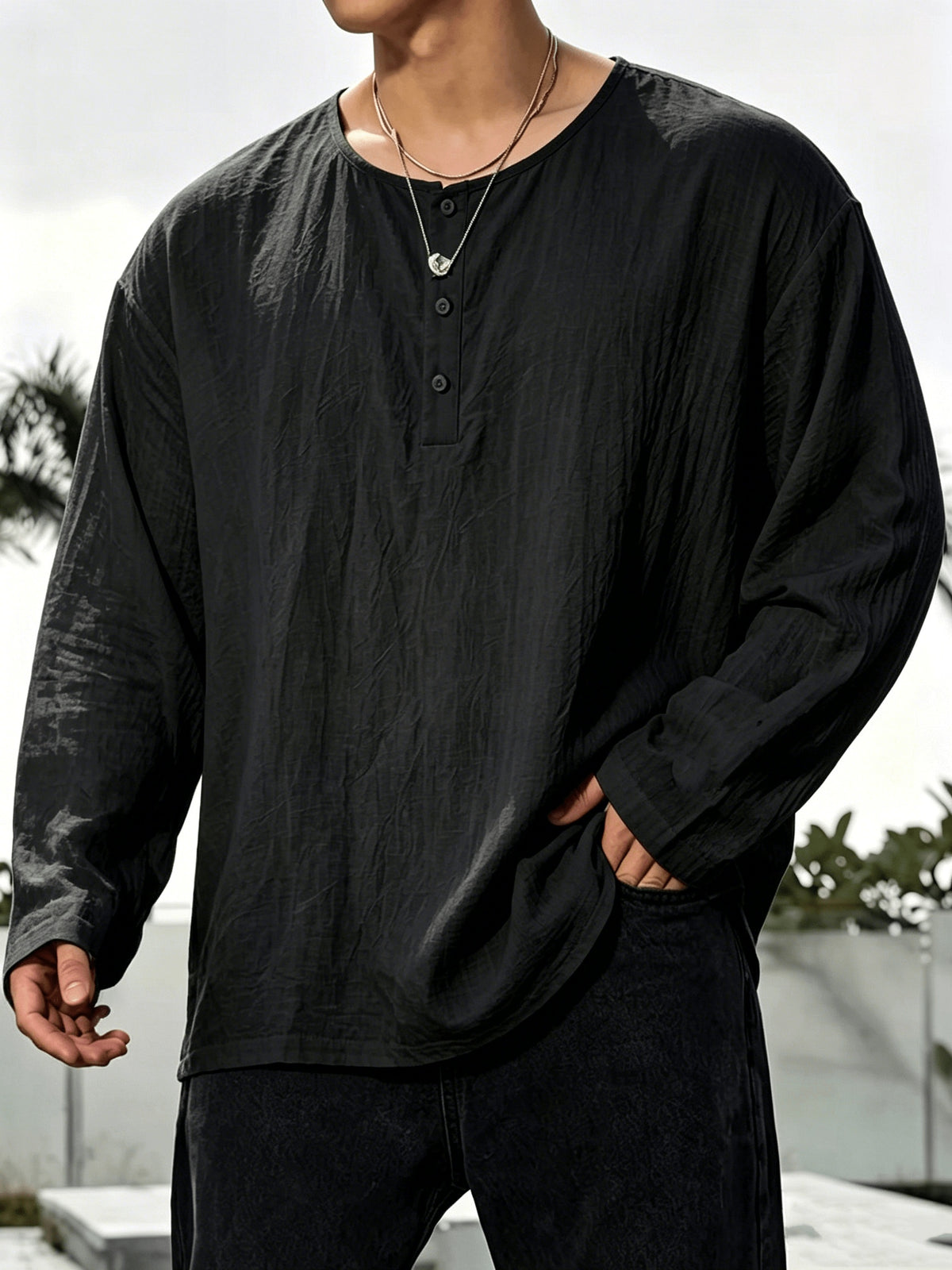 2pcs Men'S Linen Henley Shirt Set, Short Sleeve And Long Sleeve 2pcs Combination, Loose Breathable Vacation Style Casual Top - Black