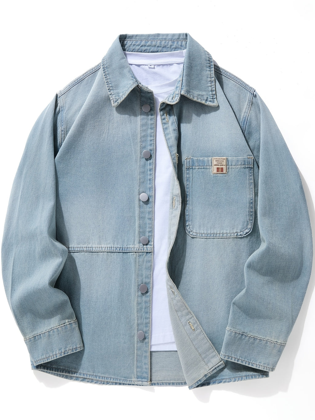 Vintage Washed Denim Shirt Men'S Spring Autumn Loose Cargo Shirt Heavyweight Casual Long Sleeve Jacket Versatile Top - Sky Blue