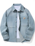 Vintage Washed Denim Shirt Men'S Spring Autumn Loose Cargo Shirt Heavyweight Casual Long Sleeve Jacket Versatile Top - Sky Blue