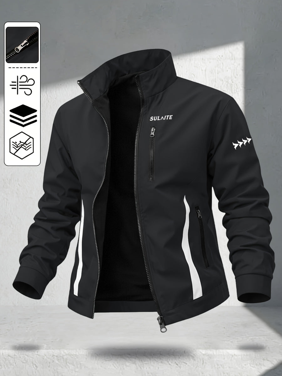 Trendy Vintage Men's Spring/Autumn New Casual Versatile Jacket Outdoor Sports Windproof Coat with Contrasting Color Stand Collar, Transitional Layering Essentials - Black