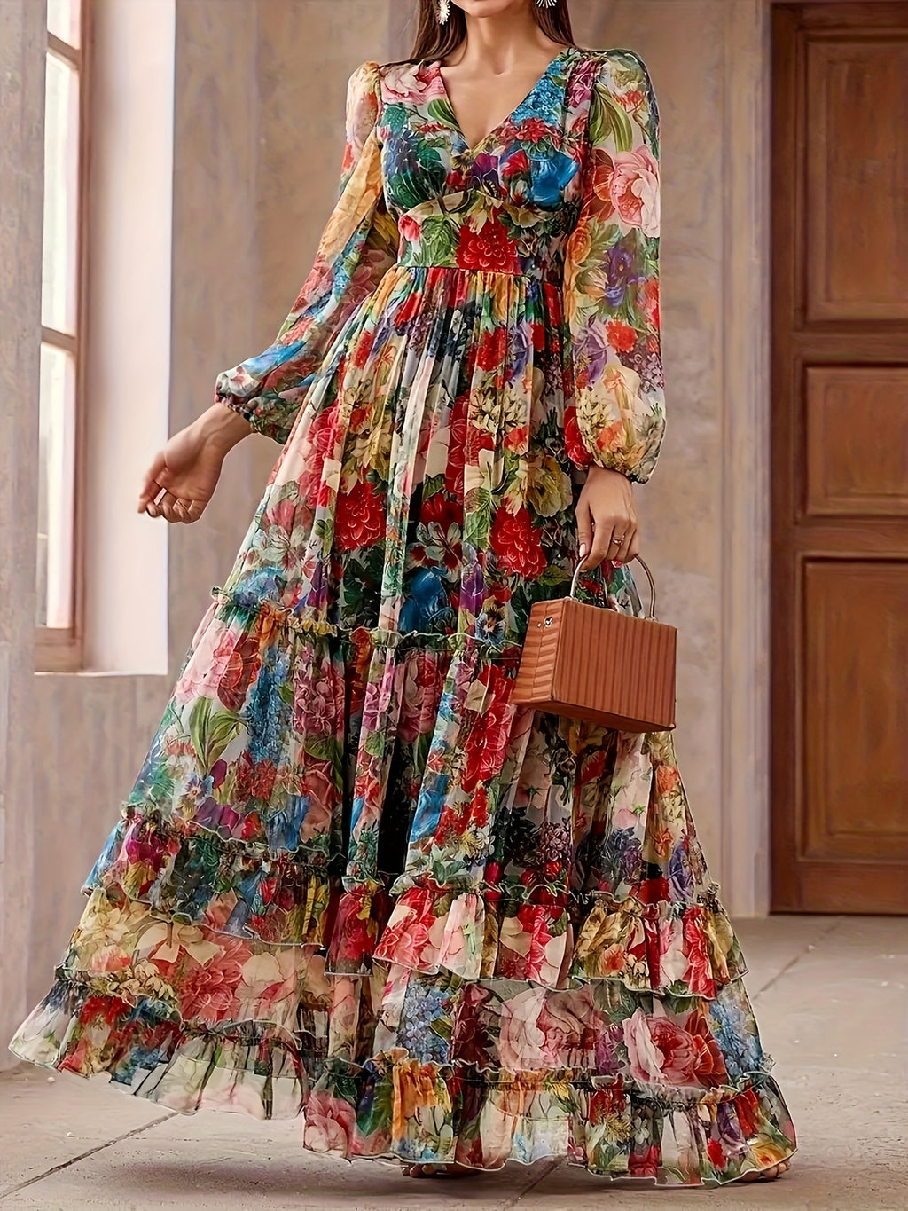 Fashionable, Romantic, and Elegant Women's Printed V-Neck Lantern Sleeve High-Waist Slim-Fit Extra-Long Spliced Maxi Skirt Hem Elegant Dress - Multicolor