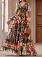 Fashionable, Romantic, and Elegant Women's Printed V-Neck Lantern Sleeve High-Waist Slim-Fit Extra-Long Spliced Maxi Skirt Hem Elegant Dress - Multicolor
