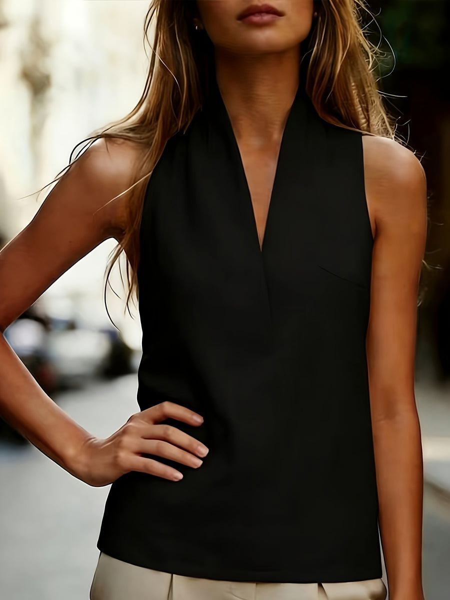 Summer Women'S New Fashion Commute Solid Color Versatile Easy Halter Off-Shoulder V-Neck Vest Blouse - Black