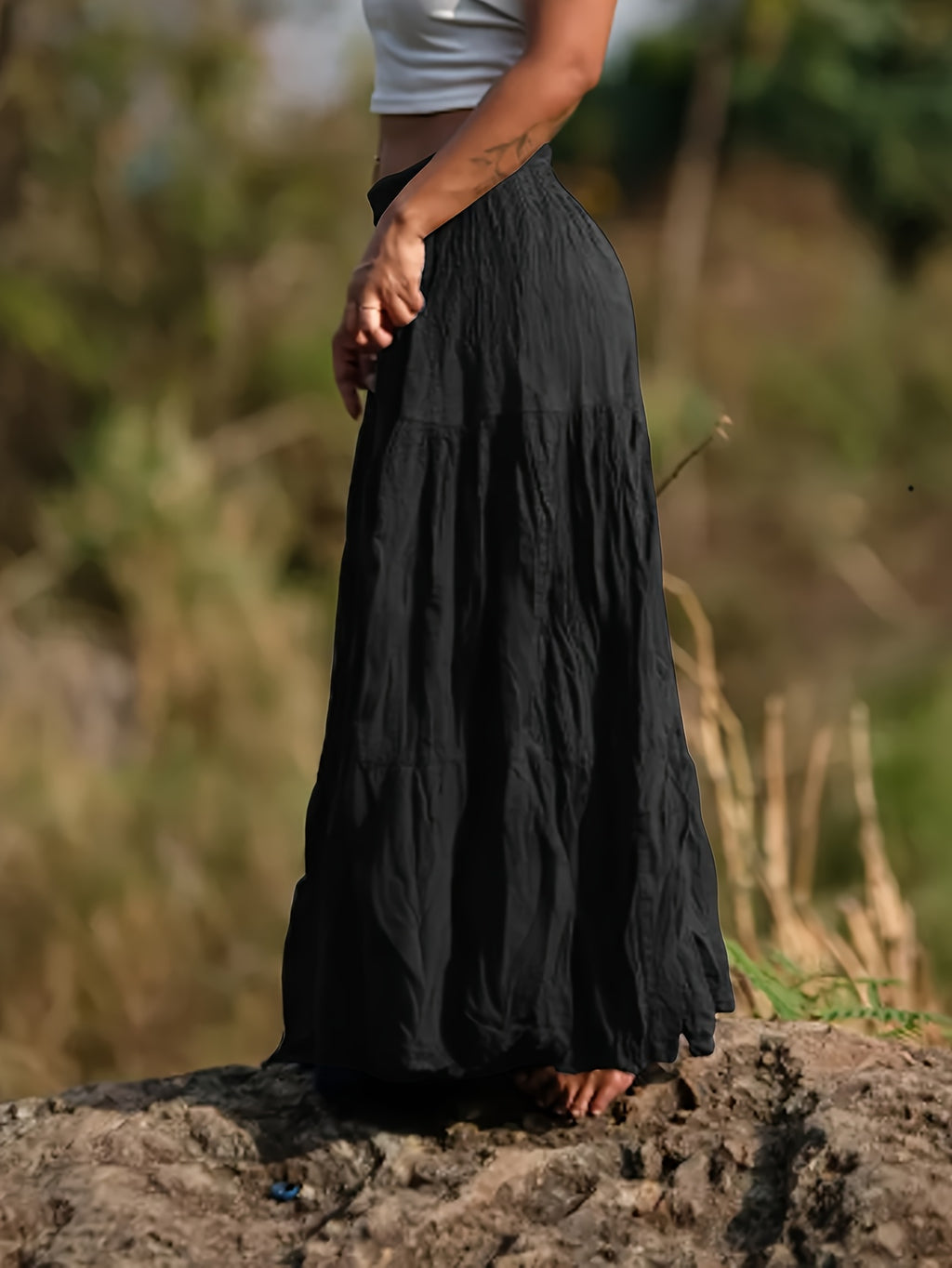 Women's Casual Western-Style Long Pleated Skirt with Drawstring Waist, Multi-Layer Texture for Vacation, Leisure, and Daily Wear - Black