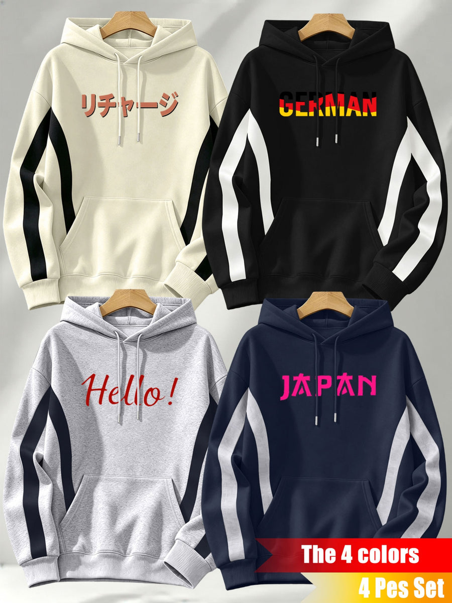 4pcs 2026 Autumn/Winter Men's Street Style Hooded Sweatshirt with Diagonal Contrast Color Line Cutting on Sleeves, Long Sleeves, Adjustable Drawstring, Large Capacity Kangaroo Pocket for Phone Storage, Skin-Friendly and Warm, Versatile Pullover - Apricot + Navy Blue + Gray + Black