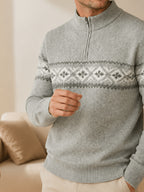 Du Jing Lan OBM Spring/Autumn New Arrival Men's Knitted Pullover, Old Money Style Contrast Color Stand-Up Collar Half-Open Placket Long Sleeve Knitted Pullover, Men's Business Casual Fashion Ribbed Sweater with Stand-Up Collar and Half-Open Placket - Medium Gray