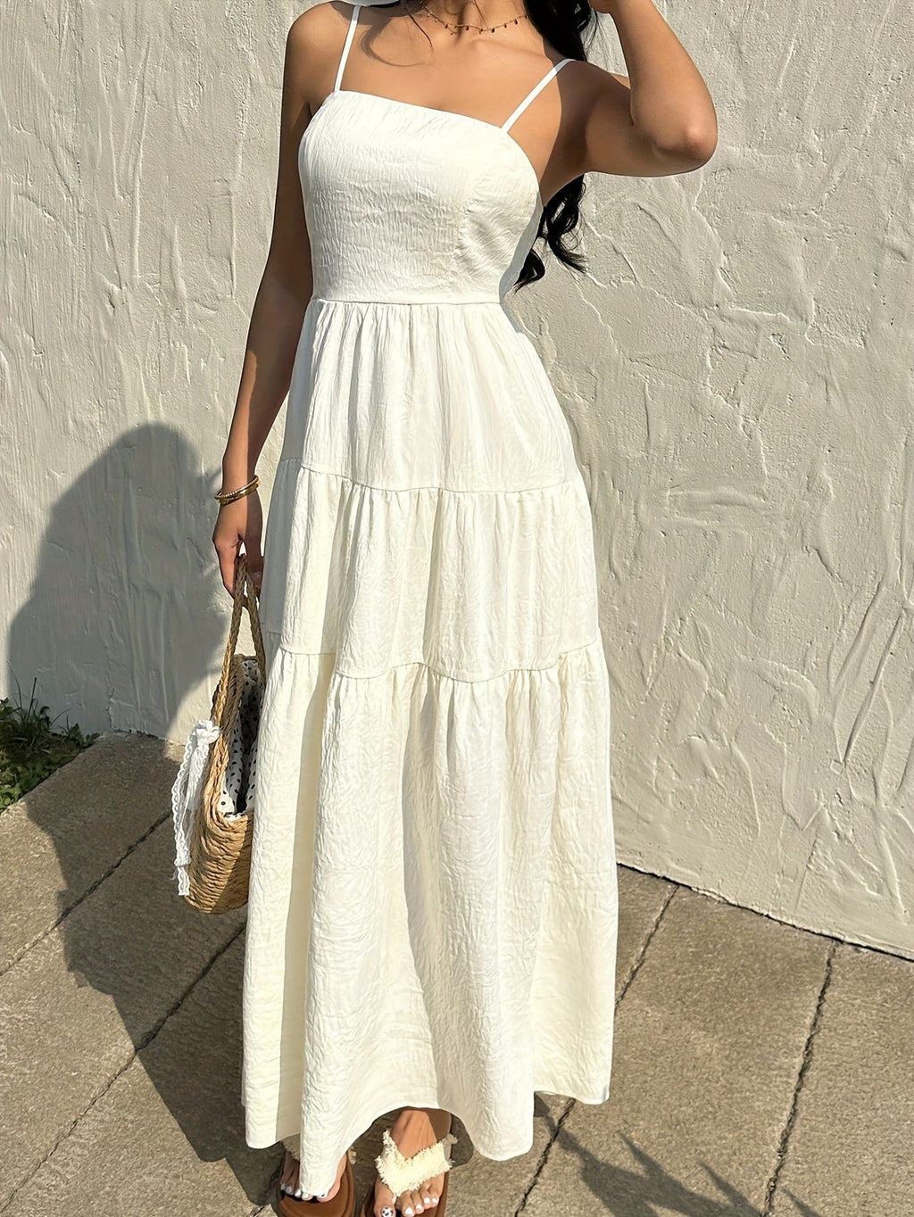 Textured Fabric, Ruched Elastic Waist, Sleeveless Dress, Loose-fitting Effect, Vacation Style - White