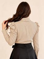 Extended Version: Women's Striped Long-Sleeve Business Shirt, Elegant Commuter Blouse with Front Button Design, Office Workwear - Khaki Stripes