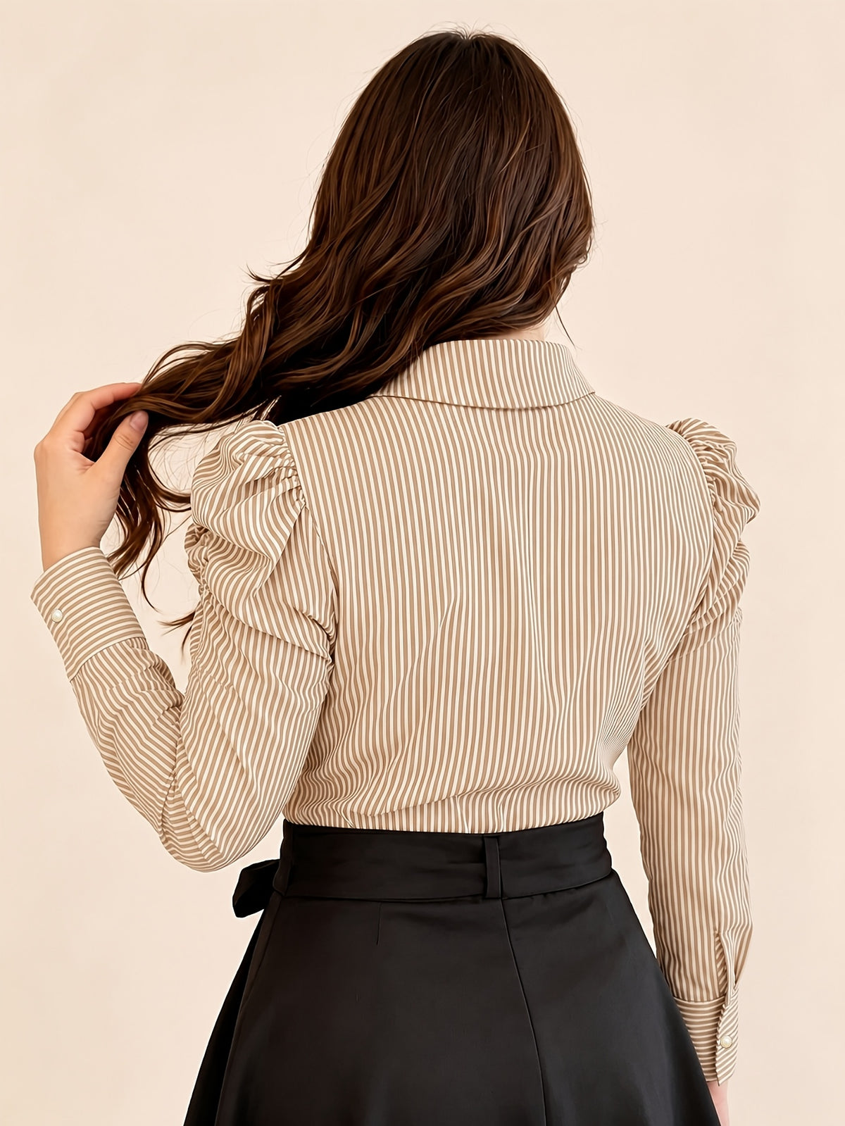 Extended Version: Women's Striped Long-Sleeve Business Shirt, Elegant Commuter Blouse with Front Button Design, Office Workwear - Khaki Stripes