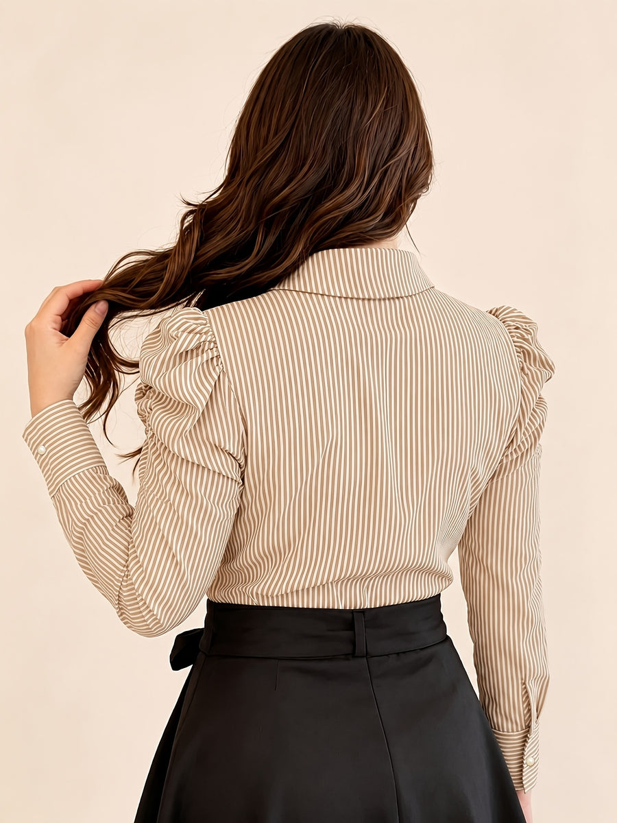 Extended Version: Women's Striped Long-Sleeve Business Shirt, Elegant Commuter Blouse with Front Button Design, Office Workwear - Khaki Stripes