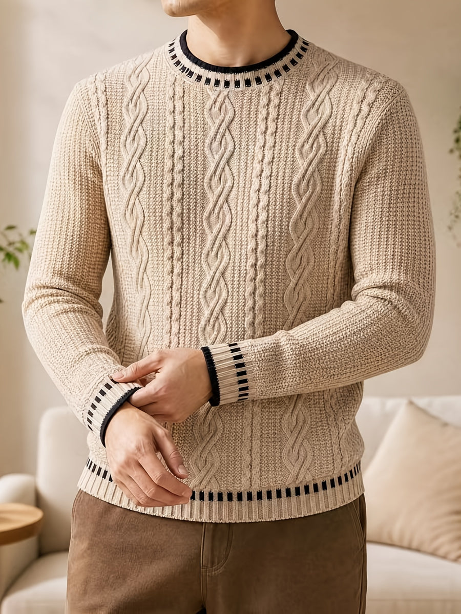 Black Friday, Christmas, Thanksgiving Pre-Heat, Men's Acrylic Blend Five-Color Options, Cable Knit, Contrast Stripe Ribbed Crew Neck Pullover Sweater with Contrast Stripes at Neckline, Cuffs, and Hem, Vintage Casual Daily Wear for Autumn/Winter - Khaki