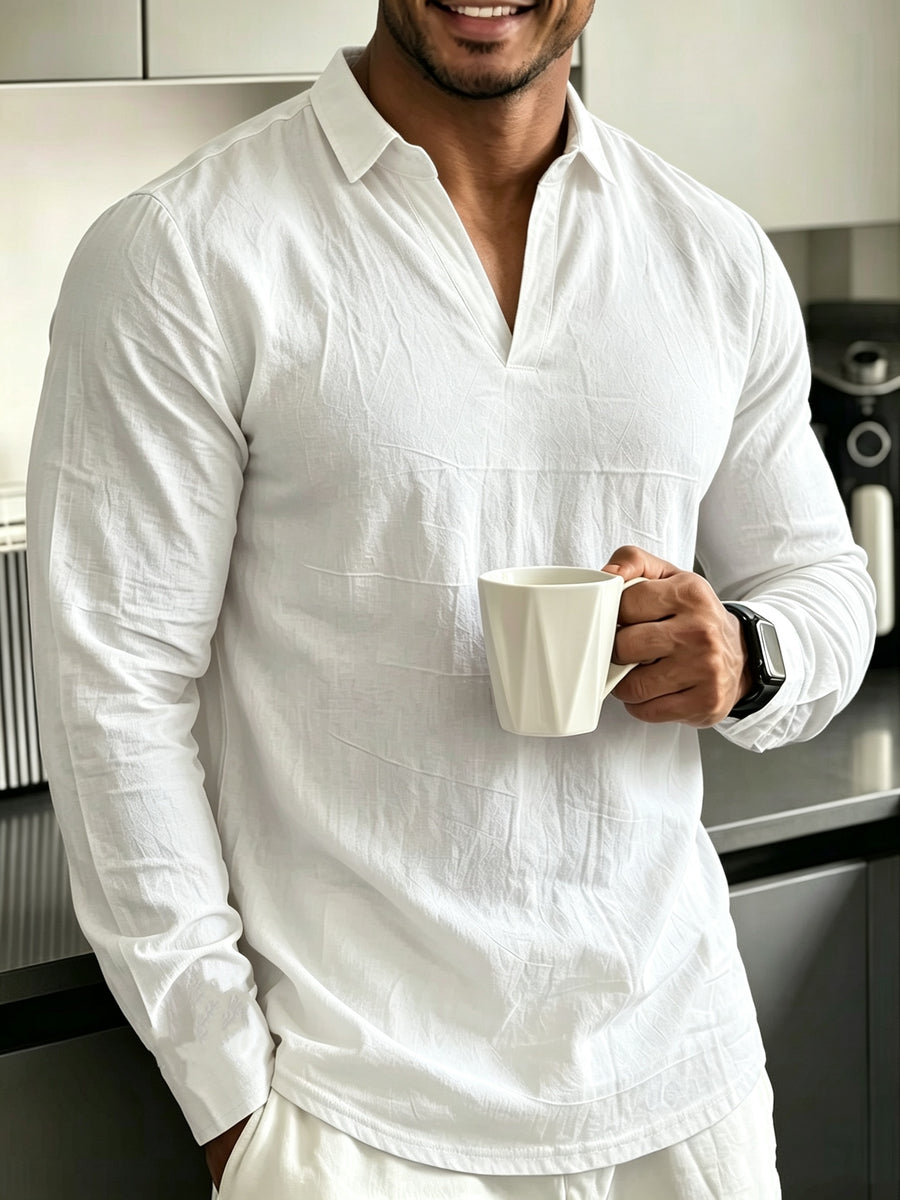 2026 Spring Autumn Men'S Casual Solid Color Lapel V-Neck Long Sleeve Men'S Western Casual All-Match Long Sleeve Top - White