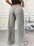 Striped High-Waist Wide Leg Pants | Loose Fit, Elastic Waist, Summer Commute Long Trousers, and Flattering - Grey
