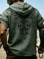Western Retro Men'S Hooded Short Sleeve Shirt Thin Breathable Totem Print Half-Button Loose Casual Beach Vacation Men'S Clothing - Olive Green
