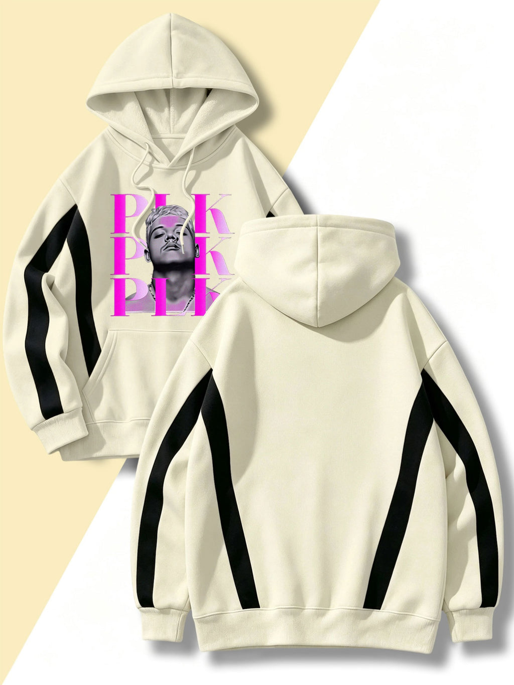 [4pcs] 2026 Autumn Winter Street Style Men'S Hooded Sweatshirt, Side Color-Block Lines Long Sleeve, Adjustable Drawstring Large Phone Kangaroo Pouch, Skin-Friendly Warm Back-To-School Rock Party Versatile Pullover Hoodie - Apricot + Navy Blue + Gray + Black