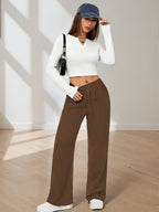 Women's Elegant Straight-leg Trousers with Tree Grain Wrinkle-texture Micro-stretch Fabric, Featuring a Comfortable Elastic Waistband with Drawstring Detail and Side Slant Pockets. Suitable for All Seasons - Dark Brown