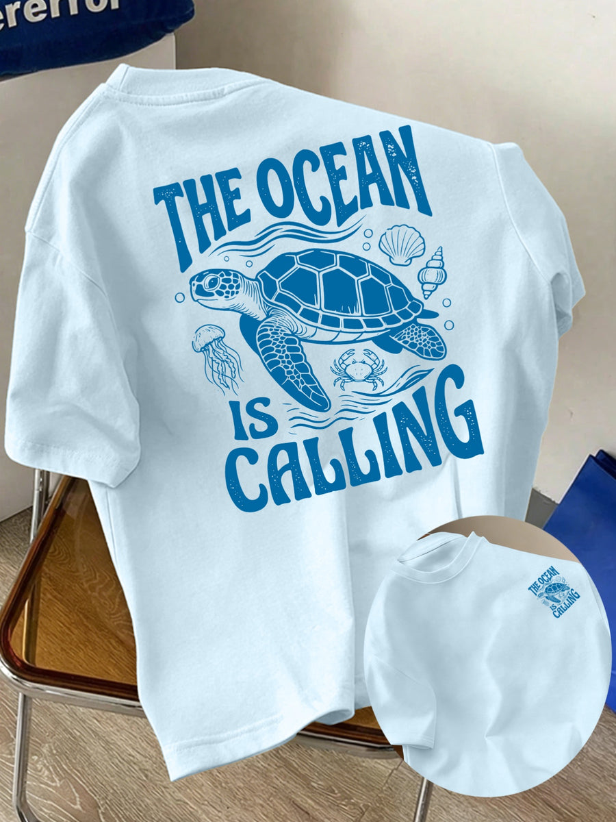 Men's New Style Pure Cotton Short Sleeve Crew Neck T-Shirt with "Ocean Call" Print, Suitable for Vacation, Leisure, Comfortable, Soft, Breathable, Summer Essential - Light Blue Color