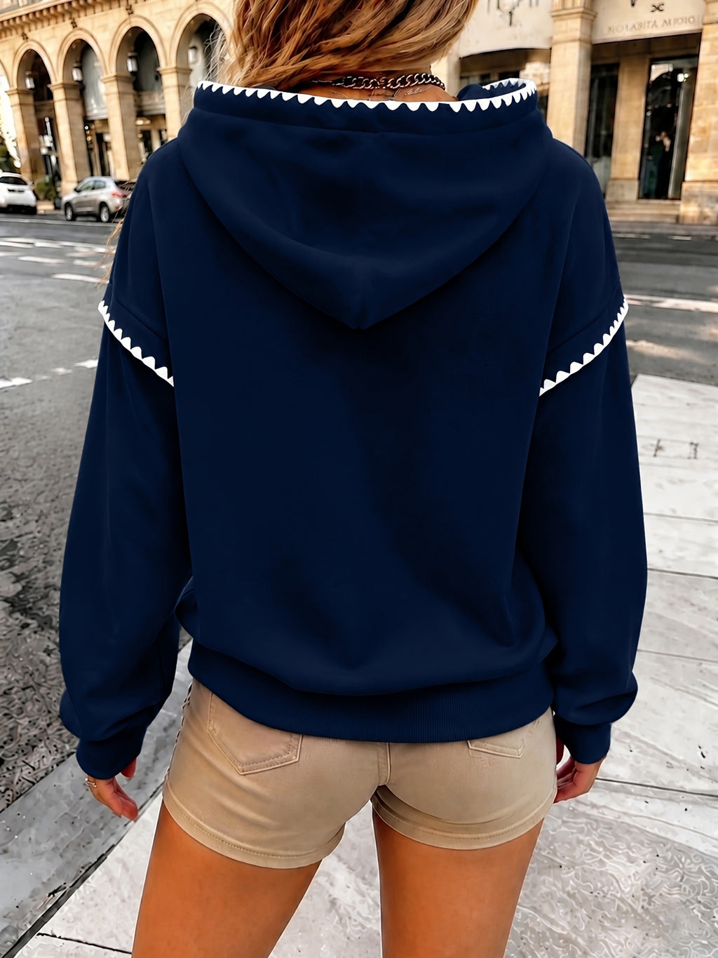 Women'S Fashion Wavy Trim Color-Block Hoodie, Women'S Fall Winter Premium Trendy Street Style Youthful Fleece Color-Block Hoodie, Casual Top, Casual Versatile Hoodie, Jacket, Pullover Shirt, Sweatshirt, Elegant - Navy Color