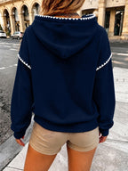 Women'S Fashion Wavy Trim Color-Block Hoodie, Women'S Fall Winter Premium Trendy Street Style Youthful Fleece Color-Block Hoodie, Casual Top, Casual Versatile Hoodie, Jacket, Pullover Shirt, Sweatshirt, Elegant - Navy Color