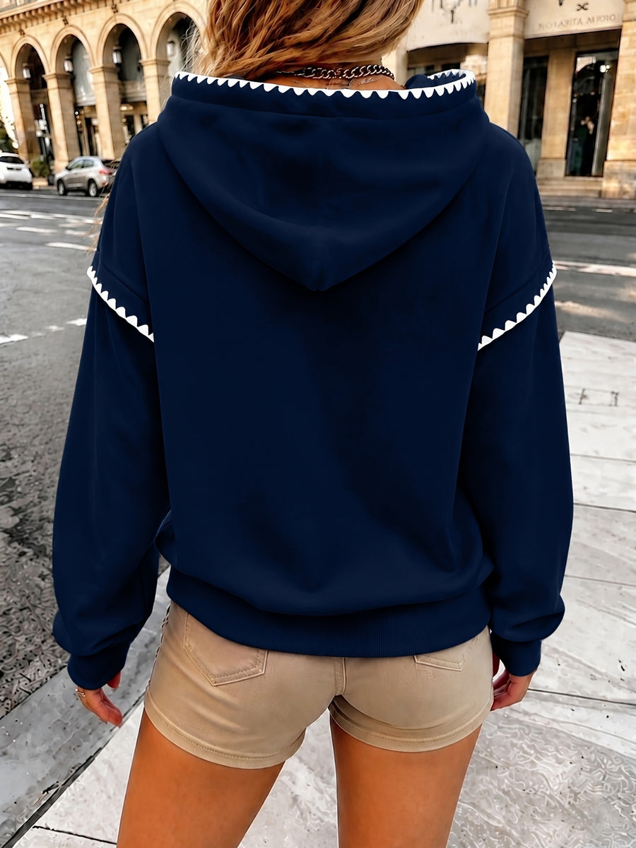 Women'S Fashion Wavy Trim Color-Block Hoodie, Women'S Fall Winter Premium Trendy Street Style Youthful Fleece Color-Block Hoodie, Casual Top, Casual Versatile Hoodie, Jacket, Pullover Shirt, Sweatshirt, Elegant - Navy Color