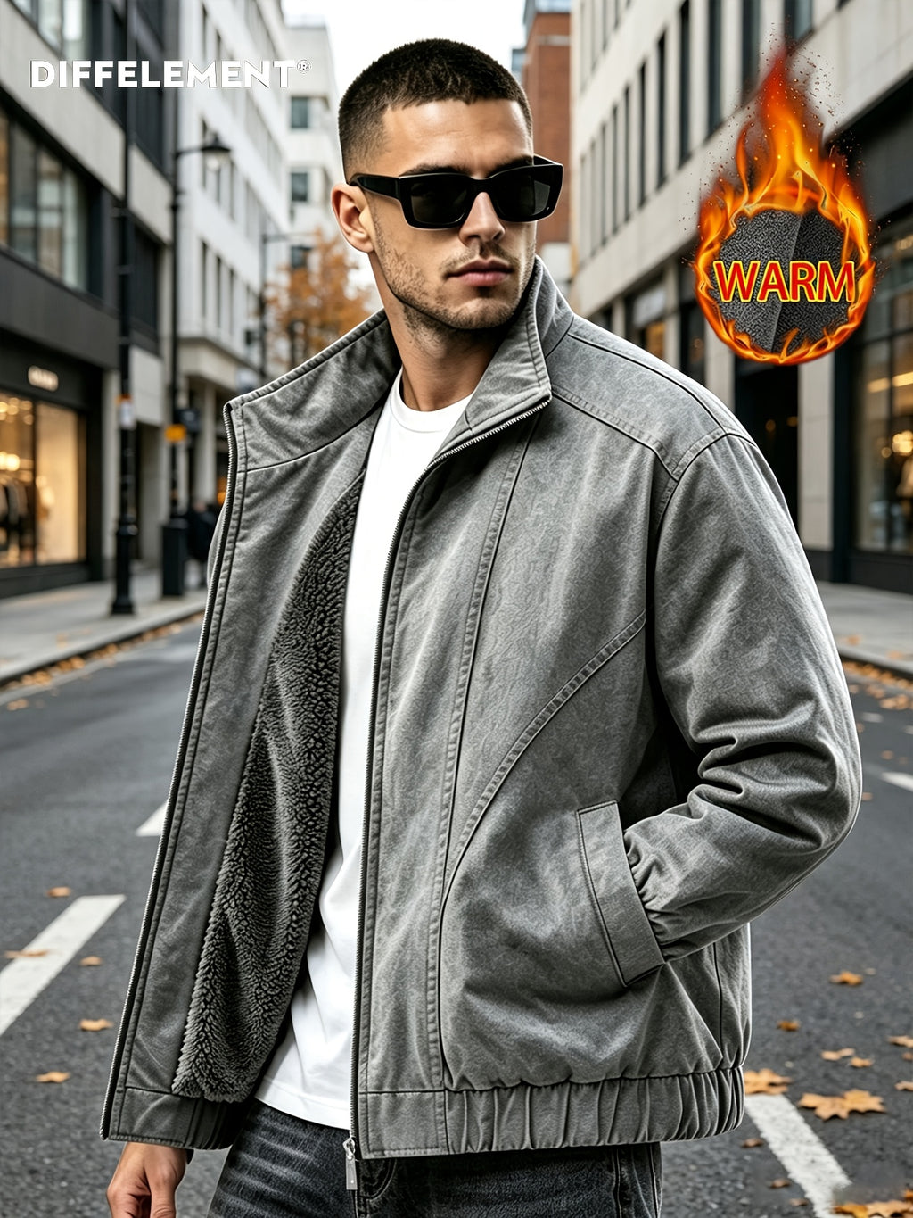 DIFFELEMENT Men's Stand Collar Washed Distressed -Lined Jacket with Inner Lining for Locking in Heat, Cold Resistance, Wear Resistance, Wrinkle Resistance, and Windproof Features. Full Zipper Closure Design with Side Insert Large Pockets - Grey