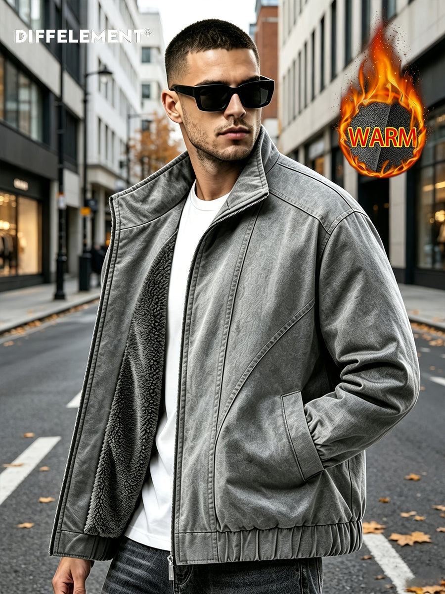 DIFFELEMENT Men's Stand Collar Washed Distressed -Lined Jacket with Inner Lining for Locking in Heat, Cold Resistance, Wear Resistance, Wrinkle Resistance, and Windproof Features. Full Zipper Closure Design with Side Insert Large Pockets - Grey